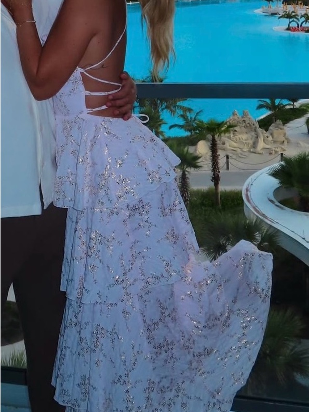 Lucy in the Sky White Sequin Tiered Backless Evening Dress